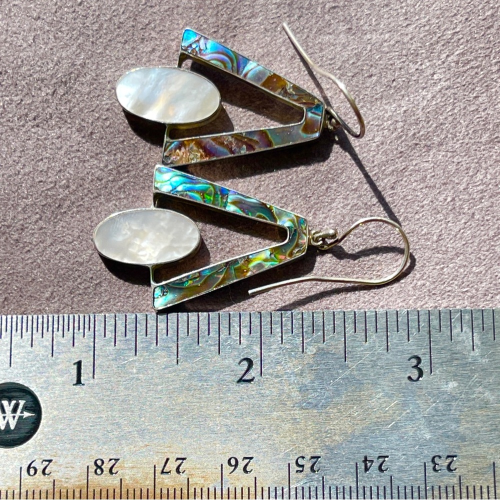SOLD Vintage Abalone and Mother of Pearl Big Geometric Dangle Earrings Silver - Picture 4 of 9